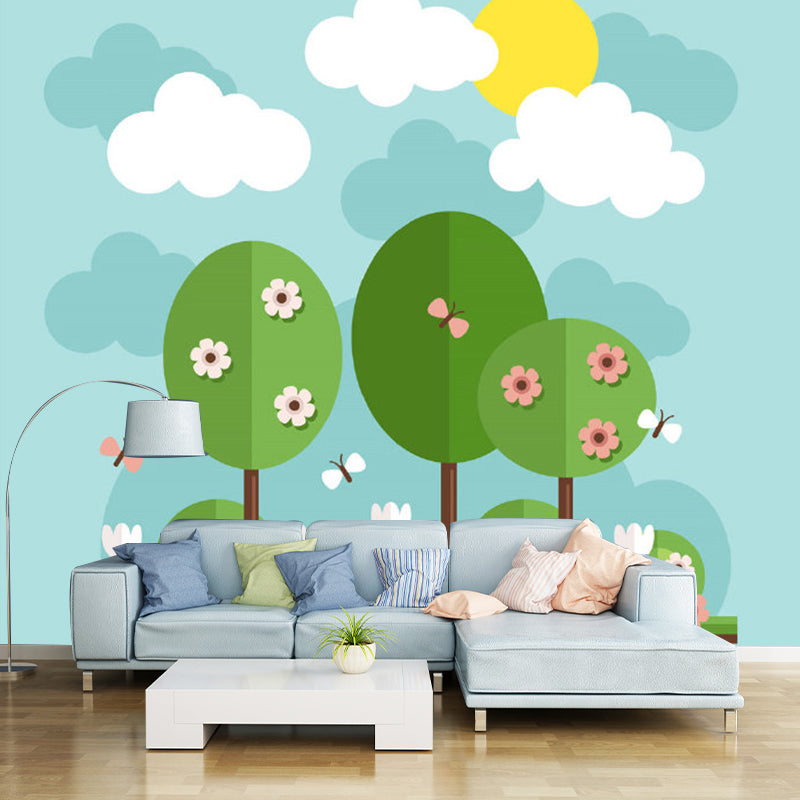 Cartoon Flowering Tree Wallpaper Murals Blue-Yellow-Green Nursery Wall Decor, Custom Size Blue-Yellow-Green Clearhalo 'Wall Decor' 'Wall Mural' 1171362