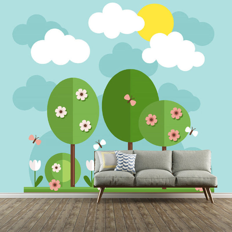 Cartoon Flowering Tree Wallpaper Murals Blue-Yellow-Green Nursery Wall Decor, Custom Size Clearhalo 'Wall Decor' 'Wall Mural' 1171363