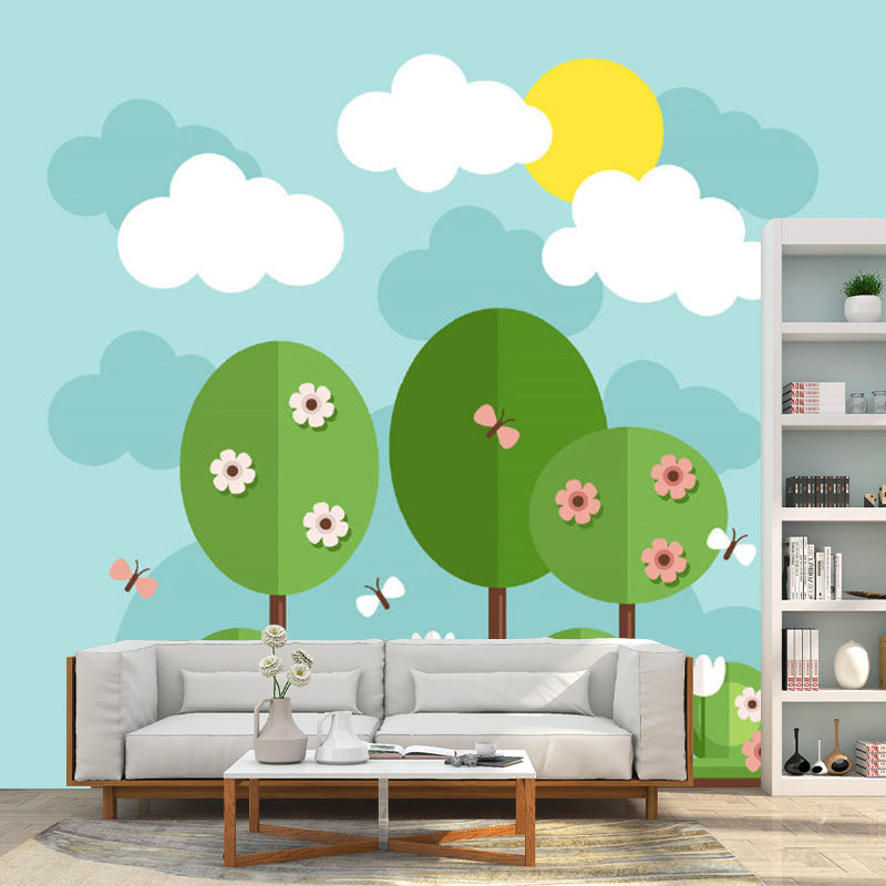 Cartoon Flowering Tree Wallpaper Murals Blue-Yellow-Green Nursery Wall Decor, Custom Size Clearhalo 'Wall Decor' 'Wall Mural' 1171364