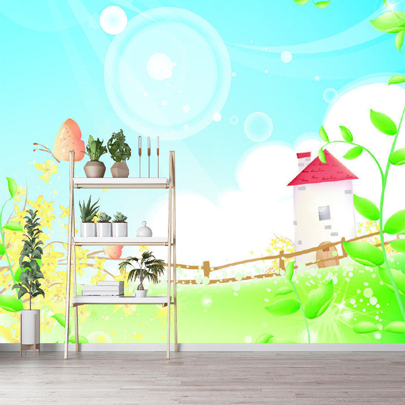 Spring Scenery Tower Mural Wallpaper Cartoon Non-Woven Fabric Wall Art in Blue-Green Blue-Green Clearhalo 'Wall Decor' 'Wall Mural' 1171367