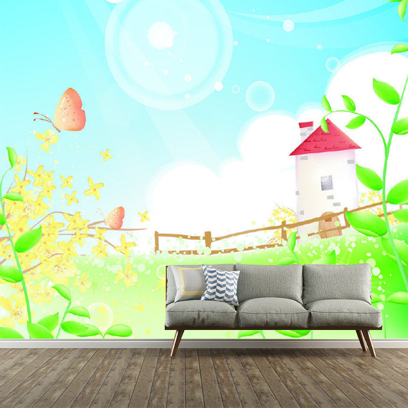 Spring Scenery Tower Mural Wallpaper Cartoon Non-Woven Fabric Wall Art in Blue-Green Clearhalo 'Wall Decor' 'Wall Mural' 1171368