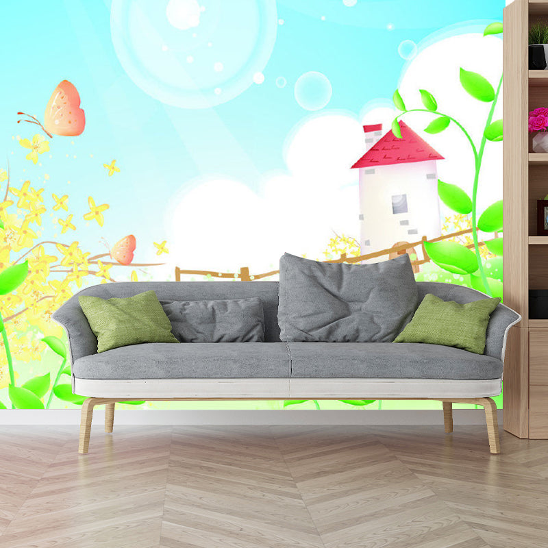 Spring Scenery Tower Mural Wallpaper Cartoon Non-Woven Fabric Wall Art in Blue-Green Clearhalo 'Wall Decor' 'Wall Mural' 1171369