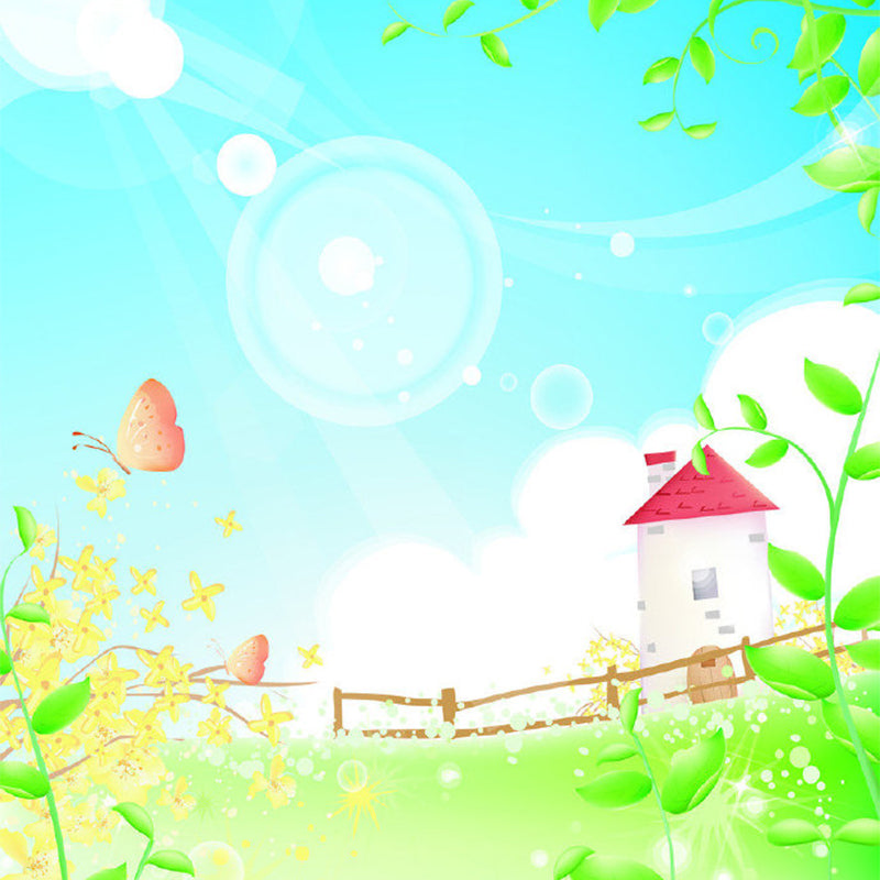 Spring Scenery Tower Mural Wallpaper Cartoon Non-Woven Fabric Wall Art in Blue-Green Clearhalo 'Wall Decor' 'Wall Mural' 1171370