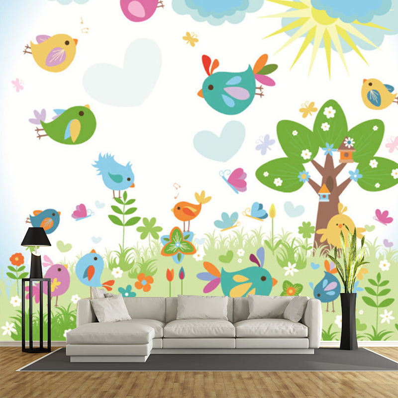 Cartoon Spring Scene Wall Murals Colorful Stain Resistant Wall Covering for Kids Room Red-Yellow-Blue-Green Clearhalo 'Wall Decor' 'Wall Mural' 1171372