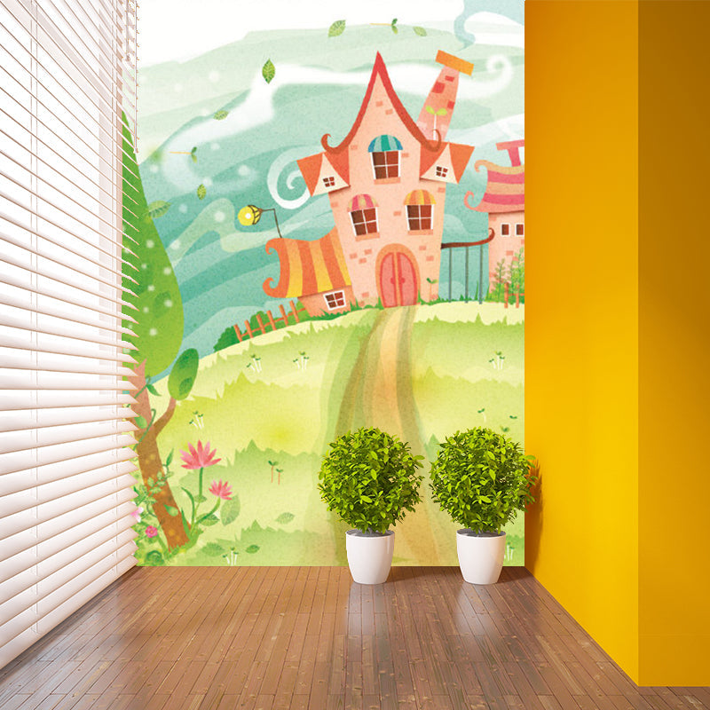 A Path to Castle Murals Pink-Blue-Green Cartoon Style Wall Art for Childrens Bedroom Pink-Blue-Green Clearhalo 'Wall Decor' 'Wall Mural' 1171377