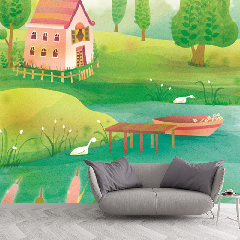 Cartoon Fantasy Lakeside House Mural Green Stain Resistant Wall Decoration for Nursery Green Clearhalo 'Wall Decor' 'Wall Mural' 1171382