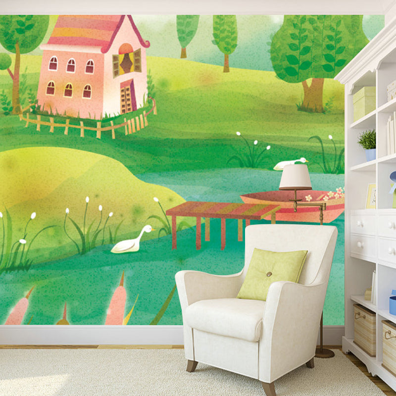 Cartoon Fantasy Lakeside House Mural Green Stain Resistant Wall Decoration for Nursery Clearhalo 'Wall Decor' 'Wall Mural' 1171384