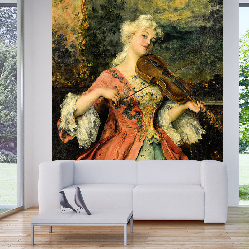 Lady Playing Violin Drawing Murals Red Brown Victorian Style Wall Art for Home Decor Red Brown Clearhalo 'Wall Decor' 'Wall Mural' 1171392