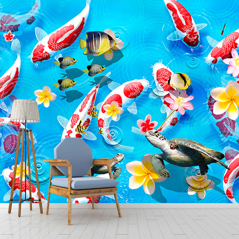 Illustration Carps Wall Paper Murals Custom Size Wall Decoration for Dining Room, Customized Size Red-Yellow-Blue Clearhalo 'Wall Decor' 'Wall Mural' 1171437