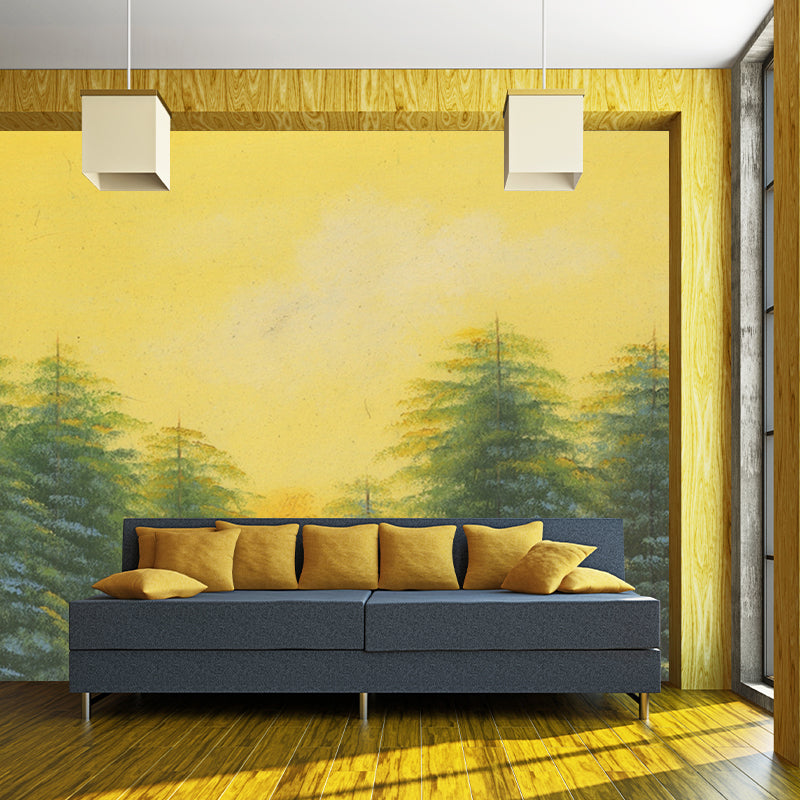 Classic Scenery Painting Pine Murals Yellow-Green Stain Resistant Wall Art for Living Room Yellow-Green Clearhalo 'Wall Decor' 'Wall Mural' 1171462