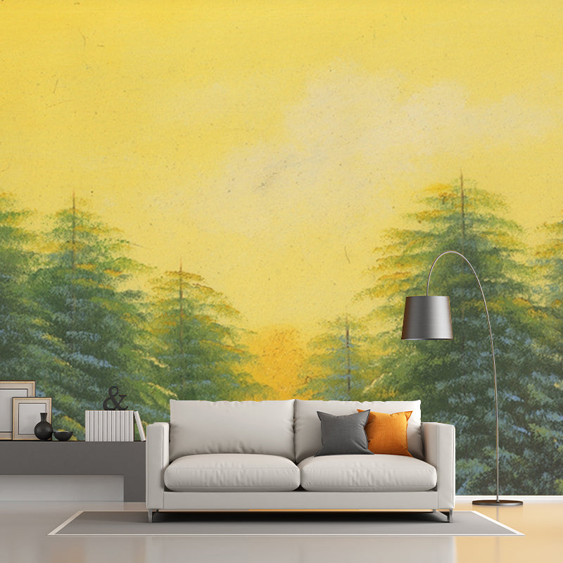 Classic Scenery Painting Pine Murals Yellow-Green Stain Resistant Wall Art for Living Room Clearhalo 'Wall Decor' 'Wall Mural' 1171463