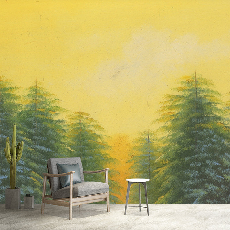 Classic Scenery Painting Pine Murals Yellow-Green Stain Resistant Wall Art for Living Room Clearhalo 'Wall Decor' 'Wall Mural' 1171464