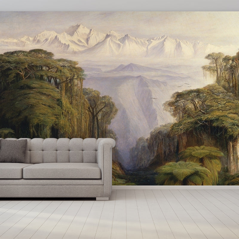 Custom Illustration Classic Wall Mural with Edward Lear Mountain Painting Pattern in Green-White Clearhalo 'Wall Decor' 'Wall Mural' 1171473