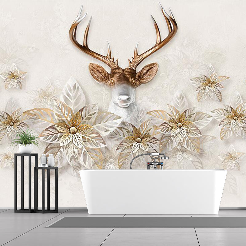 Leaf and Deer Head Murals Nordic Stain Resistant Bedroom Wall Covering, Size Optional Brown Clearhalo 'Wall Decor' 'Wall Mural' 1171487