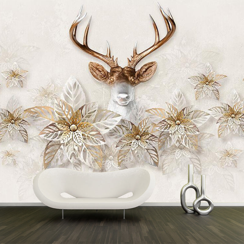 Leaf and Deer Head Murals Nordic Stain Resistant Bedroom Wall Covering, Size Optional Clearhalo 'Wall Decor' 'Wall Mural' 1171488