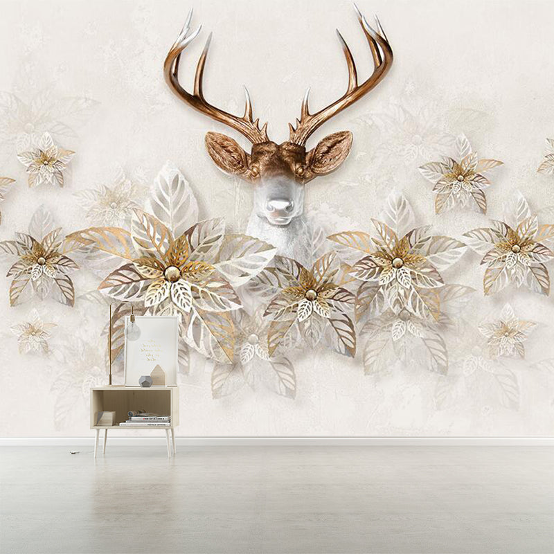 Leaf and Deer Head Murals Nordic Stain Resistant Bedroom Wall Covering, Size Optional Clearhalo 'Wall Decor' 'Wall Mural' 1171489