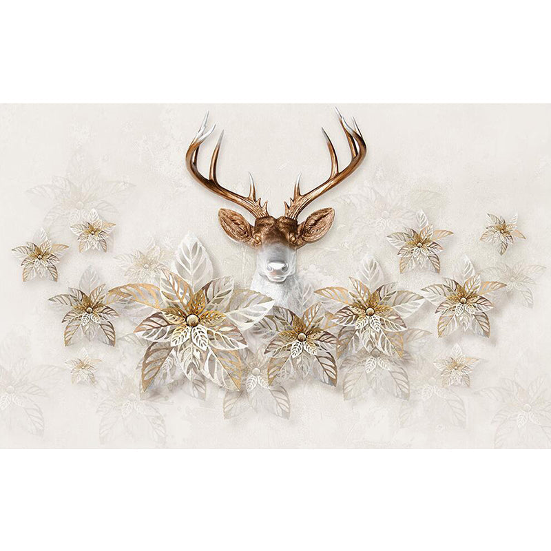 Leaf and Deer Head Murals Nordic Stain Resistant Bedroom Wall Covering, Size Optional Clearhalo 'Wall Decor' 'Wall Mural' 1171490