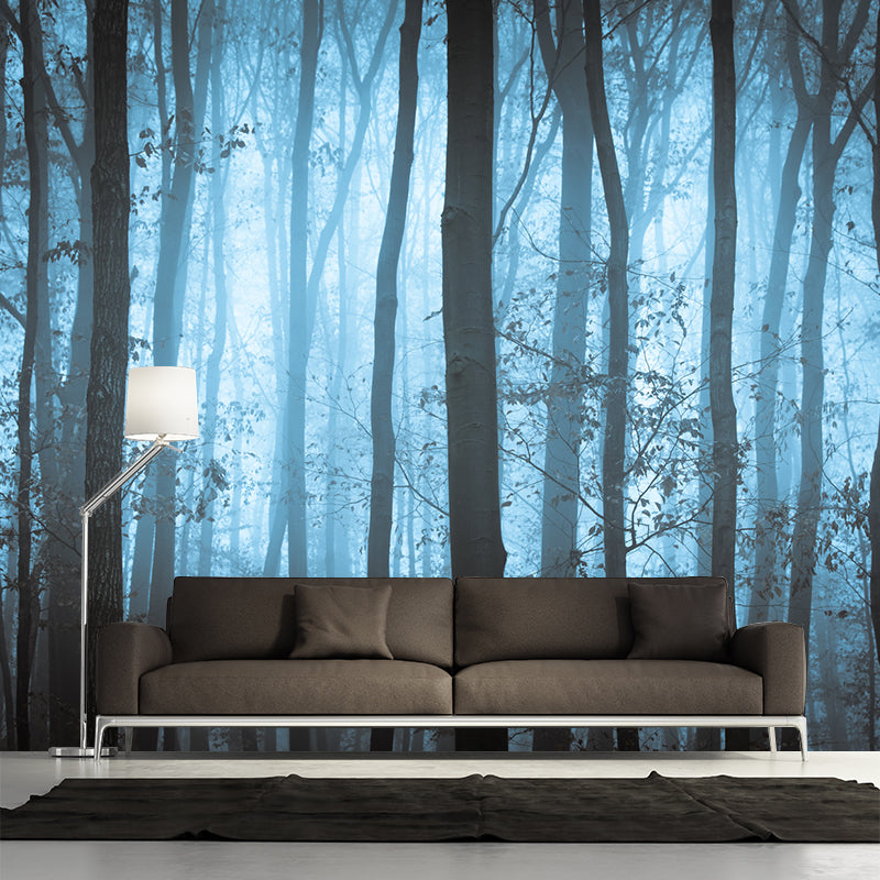 Photography Forest at Dawn Mural Large Wall Decor for Bedroom, Custom Size Available Black-Blue Clearhalo 'Wall Decor' 'Wall Mural' 1171497