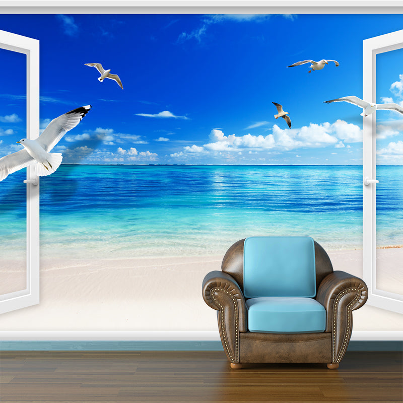 Custom Photo Print Tropix Mural Wallpaper with French Door and Seagulls Fly over Sea Pattern in Blue-White Clearhalo 'Wall Decor' 'Wall Mural' 1171504