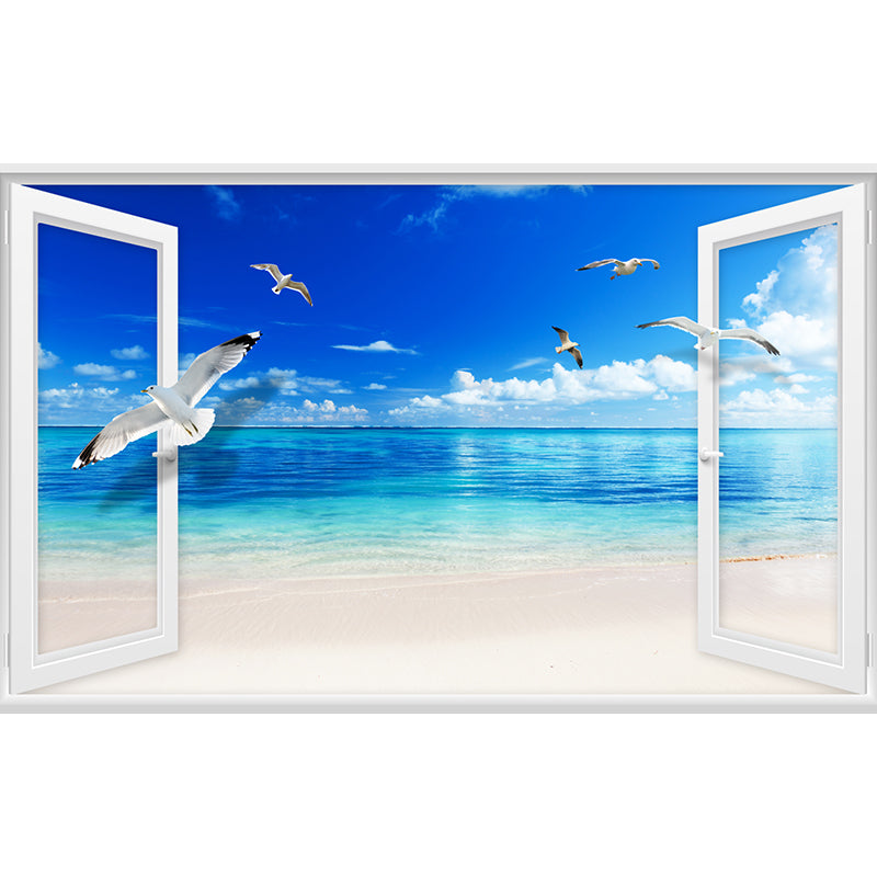 Custom Photo Print Tropix Mural Wallpaper with French Door and Seagulls Fly over Sea Pattern in Blue-White Clearhalo 'Wall Decor' 'Wall Mural' 1171505