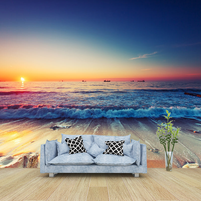 Large Sunset Sea Tide Murals Dark Blue and Orange Non-Woven Wall Decor, Waterproof, Custom Size Dark Blue-Orange Clearhalo 'Wall Decor' 'Wall Mural' 1171552