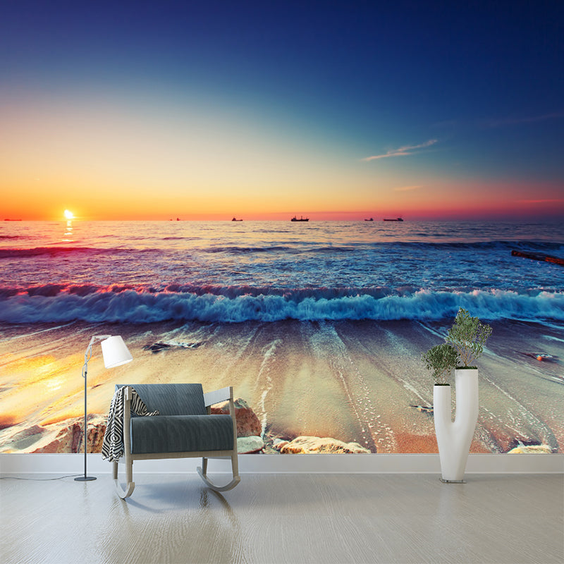 Large Sunset Sea Tide Murals Dark Blue and Orange Non-Woven Wall Decor, Waterproof, Custom Size Clearhalo 'Wall Decor' 'Wall Mural' 1171553