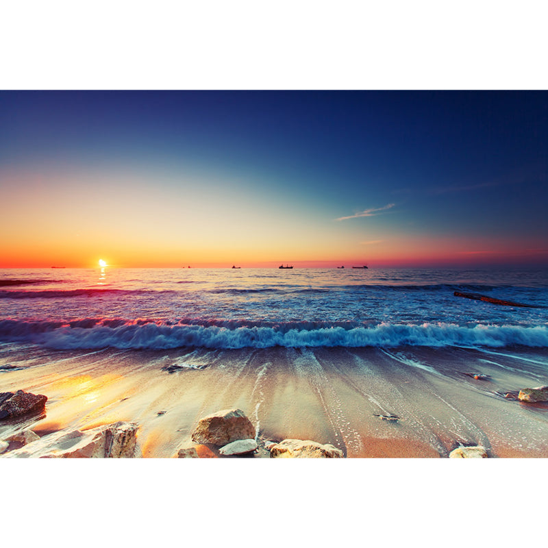 Large Sunset Sea Tide Murals Dark Blue and Orange Non-Woven Wall Decor, Waterproof, Custom Size Clearhalo 'Wall Decor' 'Wall Mural' 1171555