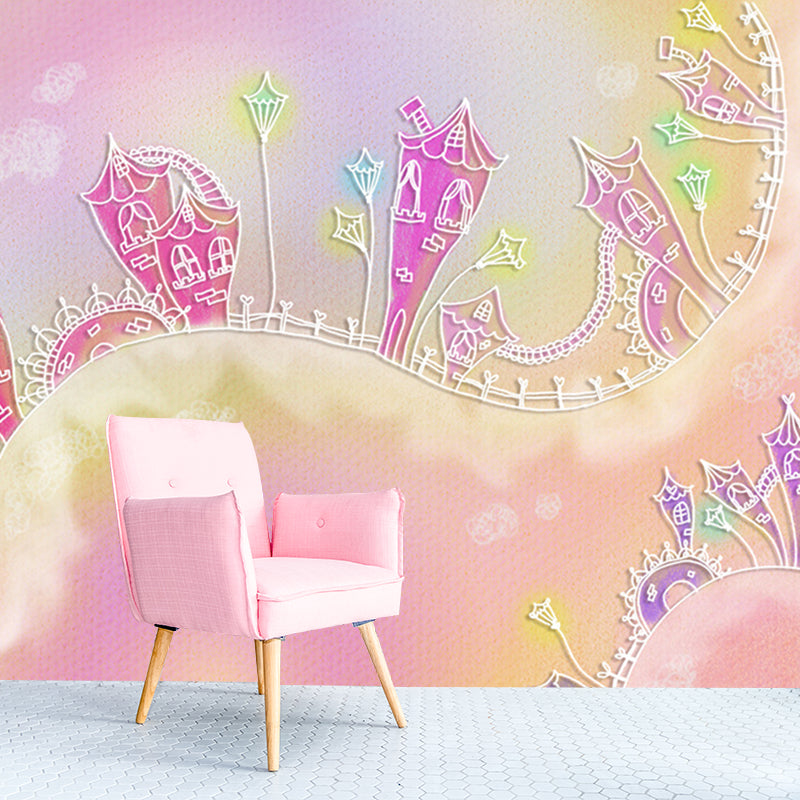 Pink String of Castles Mural Cartoon Childrens Art Moisture Resistant Wall Art for Nursery Pink Clearhalo 'Wall Decor' 'Wall Mural' 1171577