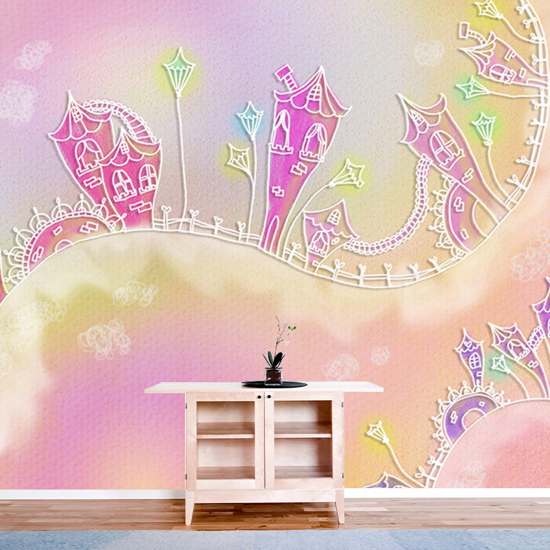 Pink String of Castles Mural Cartoon Childrens Art Moisture Resistant Wall Art for Nursery Clearhalo 'Wall Decor' 'Wall Mural' 1171579