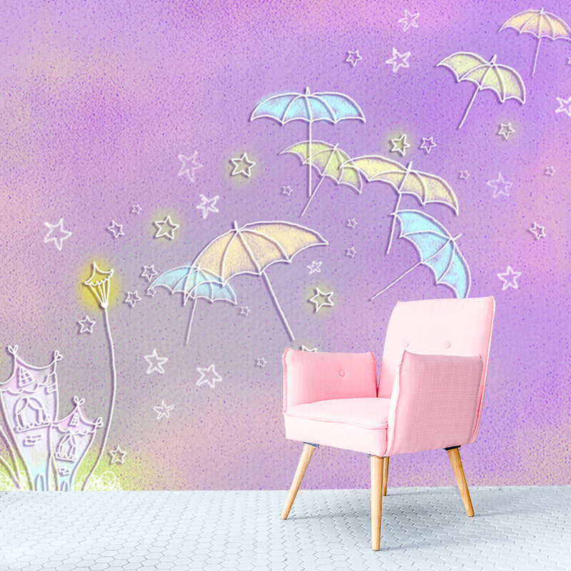 Cartoon Kids Wall Covering Murals with Umbrella and Star Pattern Purple Wall Decoration Purple Clearhalo 'Wall Decor' 'Wall Mural' 1171582