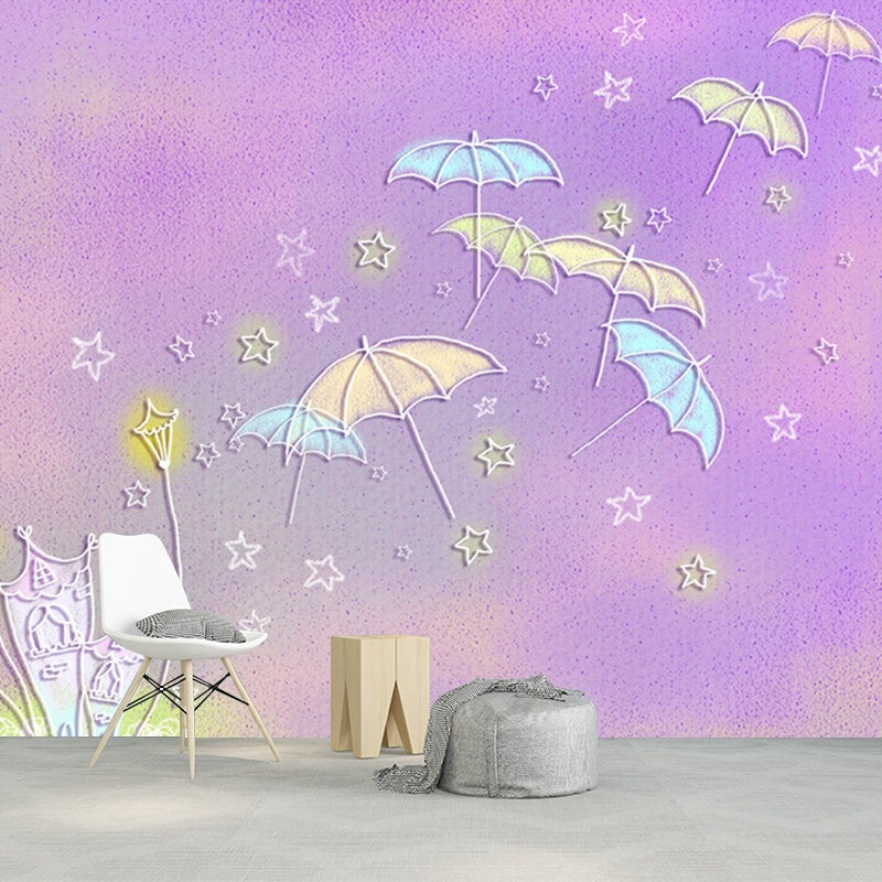 Cartoon Kids Wall Covering Murals with Umbrella and Star Pattern Purple Wall Decoration Clearhalo 'Wall Decor' 'Wall Mural' 1171583