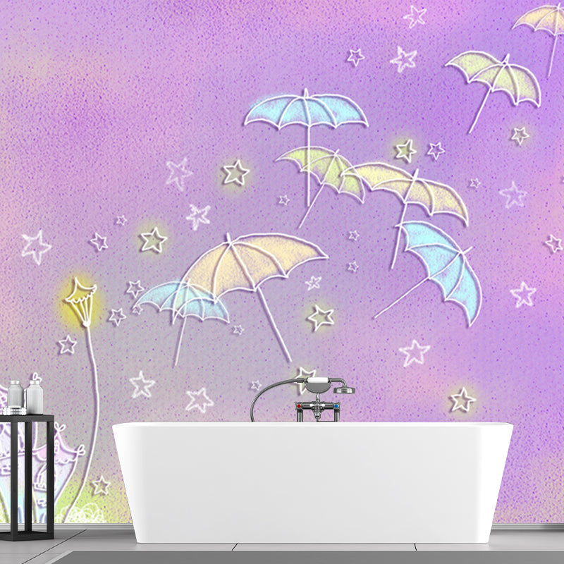 Cartoon Kids Wall Covering Murals with Umbrella and Star Pattern Purple Wall Decoration Clearhalo 'Wall Decor' 'Wall Mural' 1171584