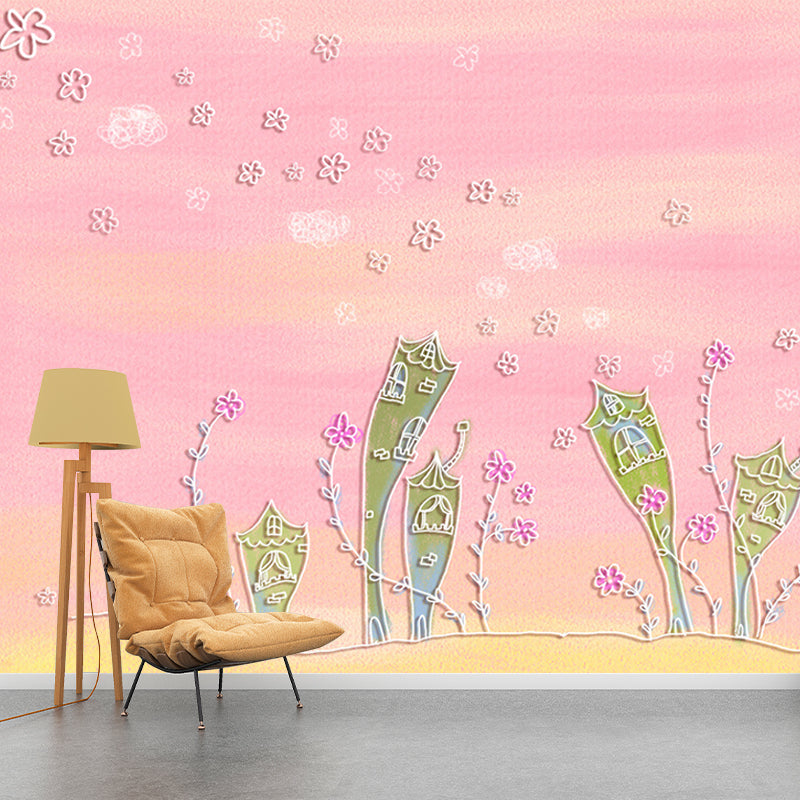 Cartoon Cactus House Mural Wallpaper for Childrens Bedroom Custom Wall Decor in Pink Pink Clearhalo 'Wall Decor' 'Wall Mural' 1171587