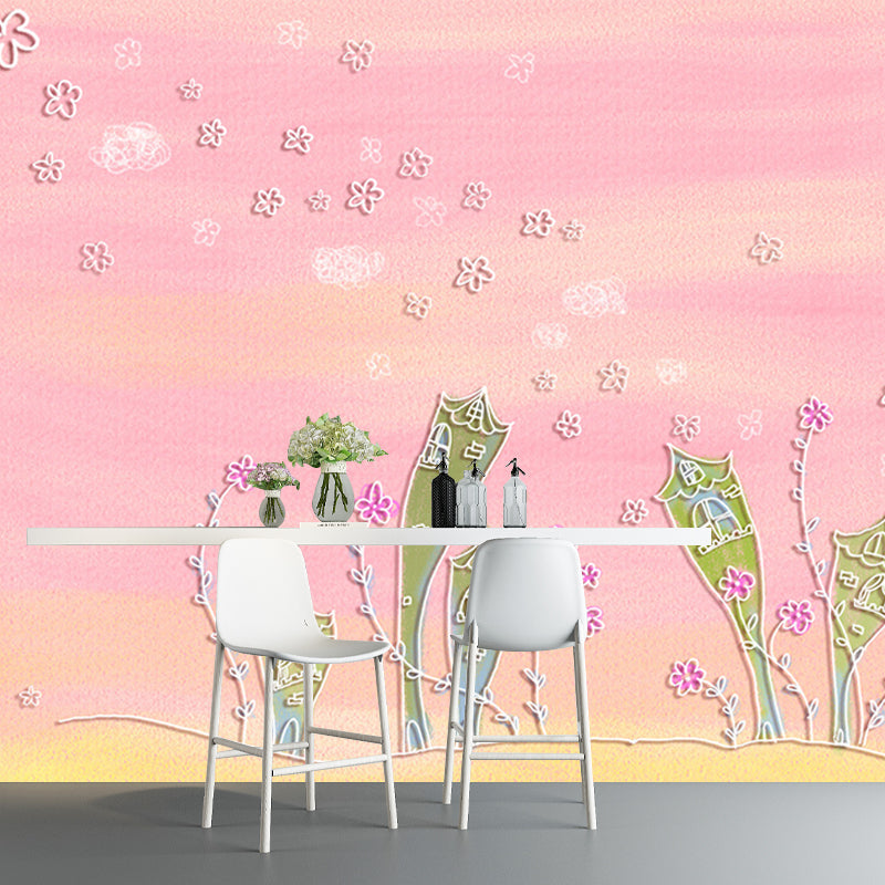 Cartoon Cactus House Mural Wallpaper for Childrens Bedroom Custom Wall Decor in Pink Clearhalo 'Wall Decor' 'Wall Mural' 1171588