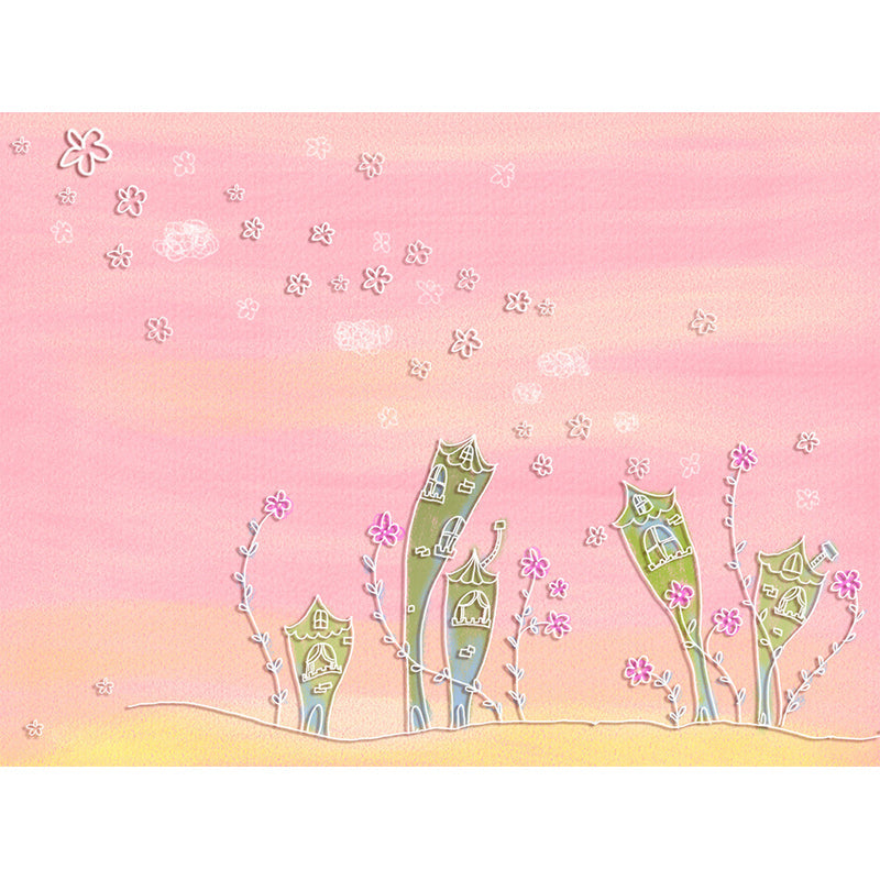 Cartoon Cactus House Mural Wallpaper for Childrens Bedroom Custom Wall Decor in Pink Clearhalo 'Wall Decor' 'Wall Mural' 1171590