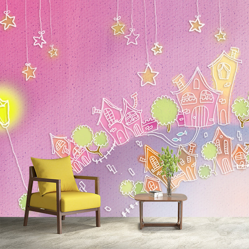 Starry Night Castle Wall Mural Cartoon Stain Proof Kids Bedroom Wall Art, Made to Measure Purple-Pink Clearhalo 'Wall Decor' 'Wall Mural' 1171592