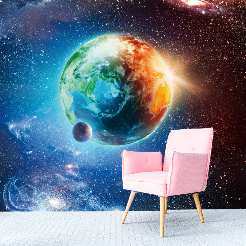 Planet Earth Wall Paper Murals Orange and Blue Novelty Wall Decoration for Kindergarten Orange-Blue Clearhalo 'Wall Decor' 'Wall Mural' 1171602