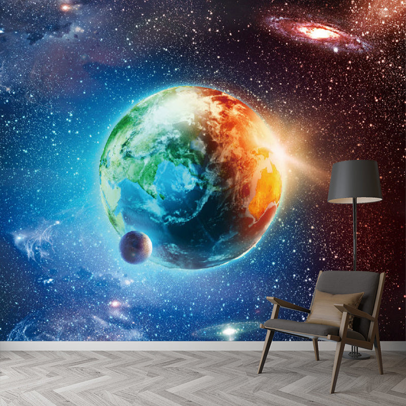 Planet Earth Wall Paper Murals Orange and Blue Novelty Wall Decoration for Kindergarten Clearhalo 'Wall Decor' 'Wall Mural' 1171603