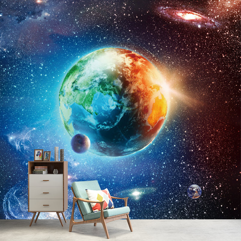 Planet Earth Wall Paper Murals Orange and Blue Novelty Wall Decoration for Kindergarten Clearhalo 'Wall Decor' 'Wall Mural' 1171604