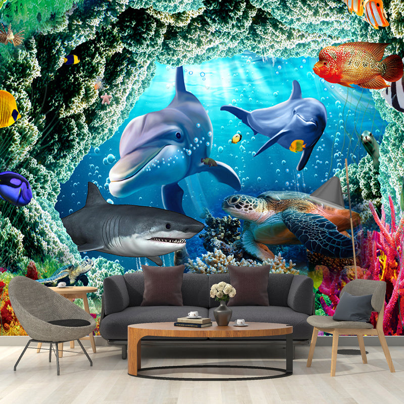 Tropix Undersea World Sharks Murals Blue and Green Waterproof Wall Covering for Boys Room Clearhalo 'Wall Decor' 'Wall Mural' 1171638