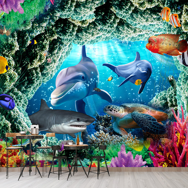 Tropix Undersea World Sharks Murals Blue and Green Waterproof Wall Covering for Boys Room Clearhalo 'Wall Decor' 'Wall Mural' 1171639