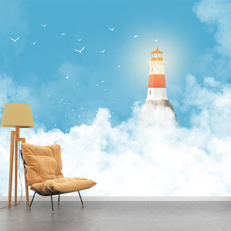 Customized Illustration Cartoon Mural with Lighthouse Reaching to Cloudy Sky Pattern in Blue-White Blue-White Clearhalo 'Wall Decor' 'Wall Mural' 1171647