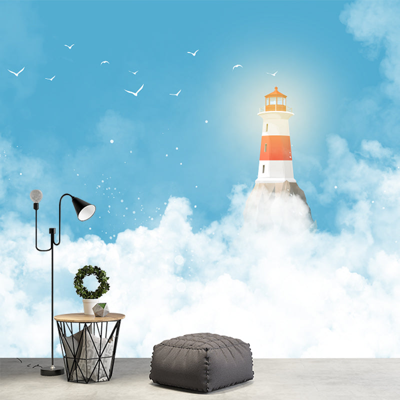 Customized Illustration Cartoon Mural with Lighthouse Reaching to Cloudy Sky Pattern in Blue-White Clearhalo 'Wall Decor' 'Wall Mural' 1171648