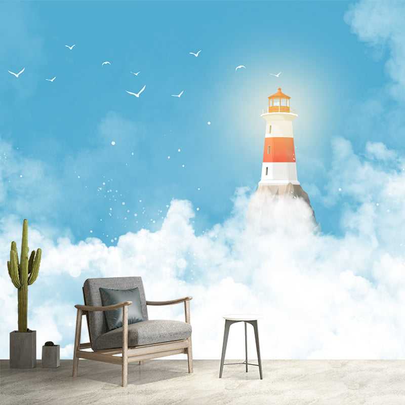 Customized Illustration Cartoon Mural with Lighthouse Reaching to Cloudy Sky Pattern in Blue-White Clearhalo 'Wall Decor' 'Wall Mural' 1171649