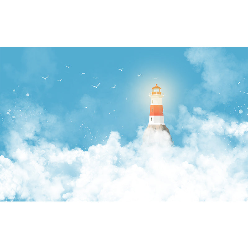 Customized Illustration Cartoon Mural with Lighthouse Reaching to Cloudy Sky Pattern in Blue-White Clearhalo 'Wall Decor' 'Wall Mural' 1171650