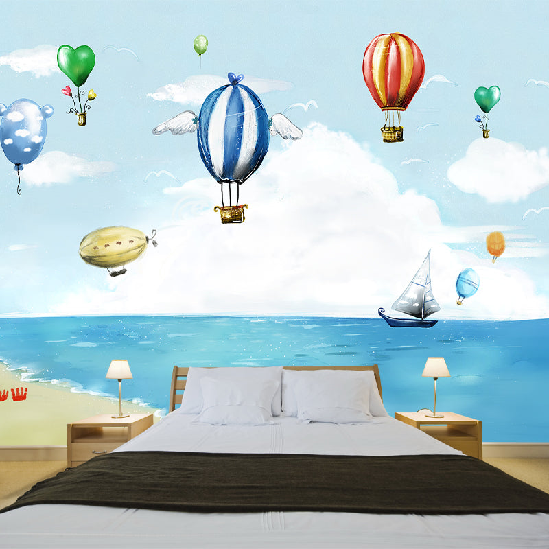 Whole Fantasy Murals Childrens Art Ocean Balloon Ride Pattern Wall Decor in Blue-White Blue-White Clearhalo 'Wall Decor' 'Wall Mural' 1171652