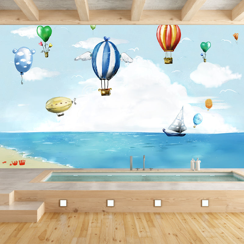 Whole Fantasy Murals Childrens Art Ocean Balloon Ride Pattern Wall Decor in Blue-White Clearhalo 'Wall Decor' 'Wall Mural' 1171653