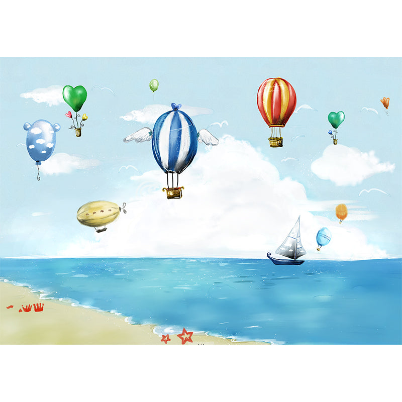 Whole Fantasy Murals Childrens Art Ocean Balloon Ride Pattern Wall Decor in Blue-White Clearhalo 'Wall Decor' 'Wall Mural' 1171655