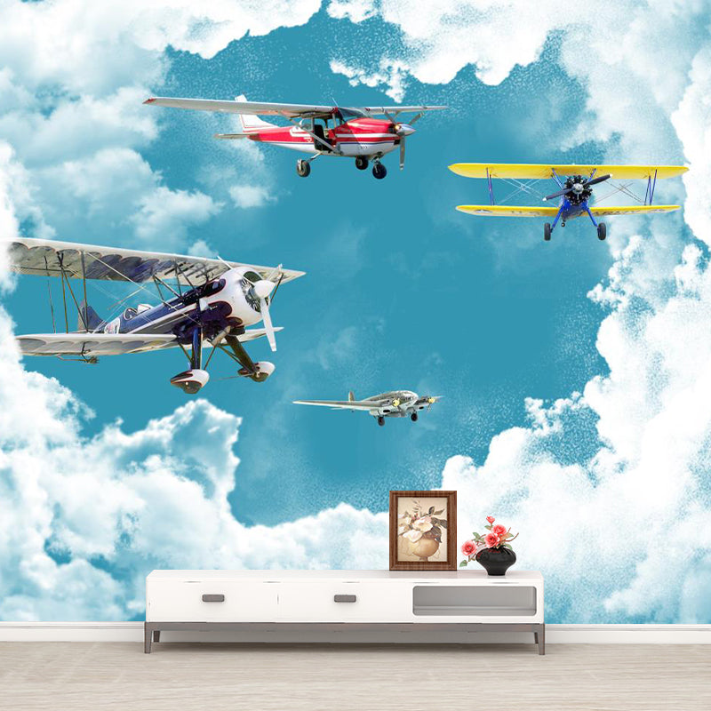 Photography Biplane Wall Paper Murals Whole Wall Covering for Bedroom Decor, Customized Size Blue-White Clearhalo 'Wall Decor' 'Wall Mural' 1171657