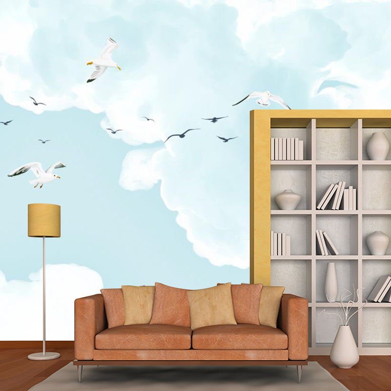 Contemporary Seagulls Mural Wallpaper for Bedroom Custom Size Wall Covering in Blue-White Blue-White Clearhalo 'Wall Decor' 'Wall Mural' 1171662